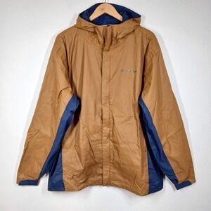 Columbia Jacket Women X-Large Tan Blue Hooded Waterproof Outdoor Hiking